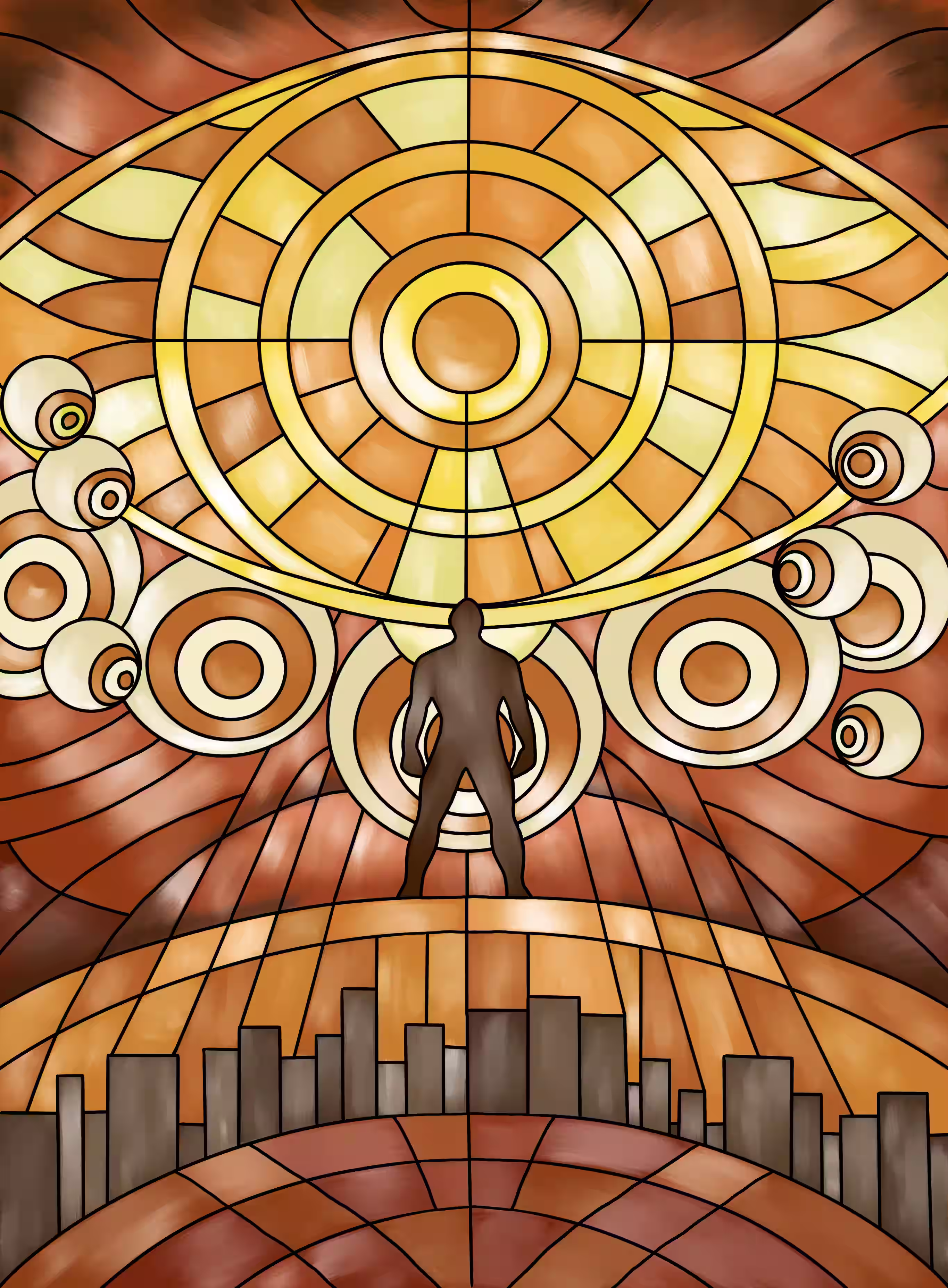 Behold Netrunner character beneath a stained glass sun