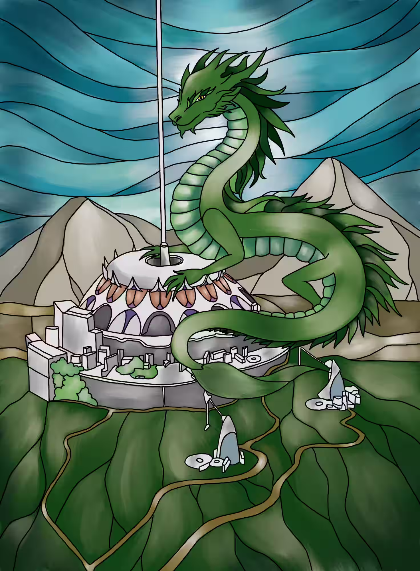 Magdalene Netrunner green dragon around a mountain fortress