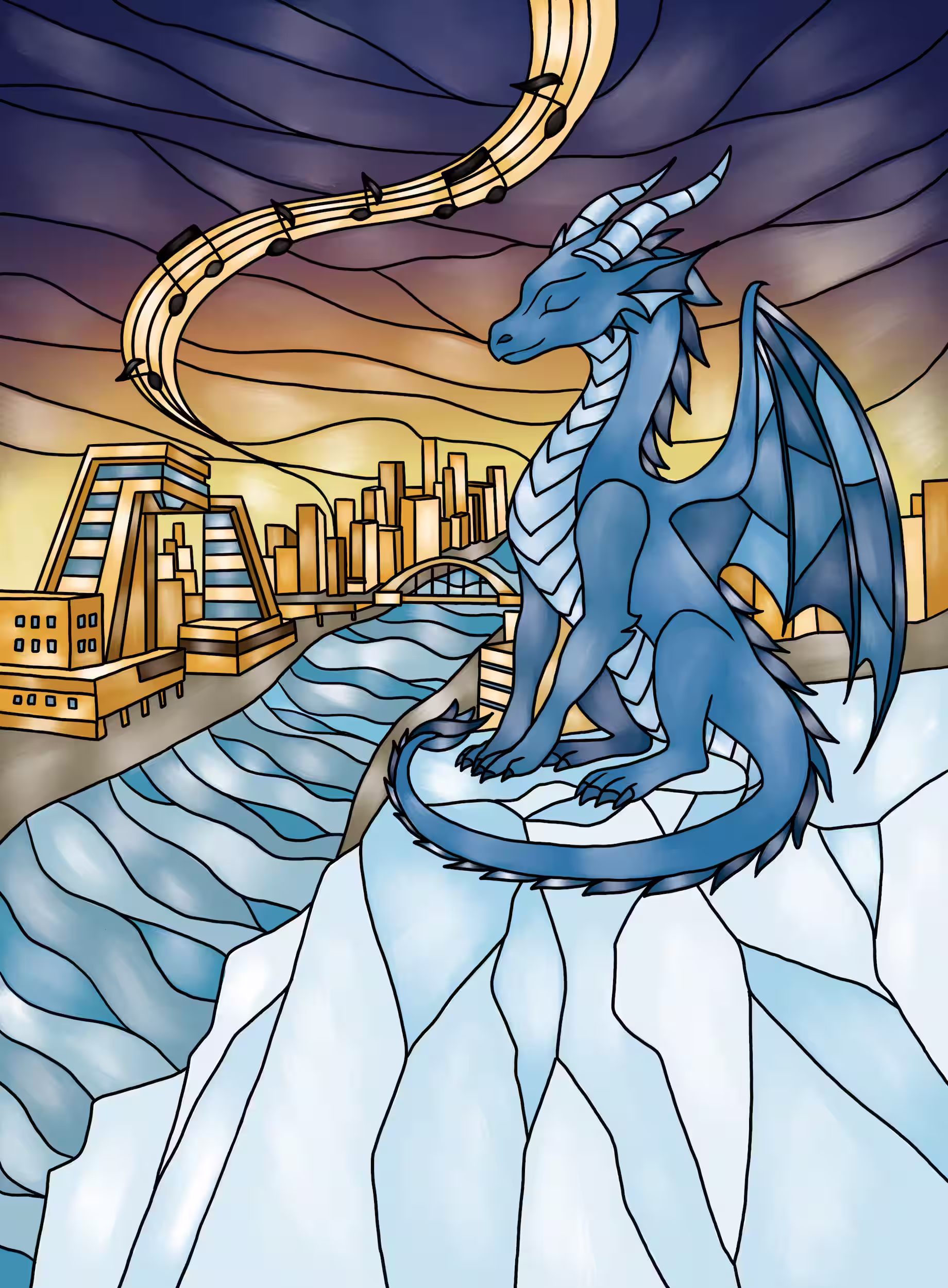 Sable Netrunner blue dragon overlooking a city