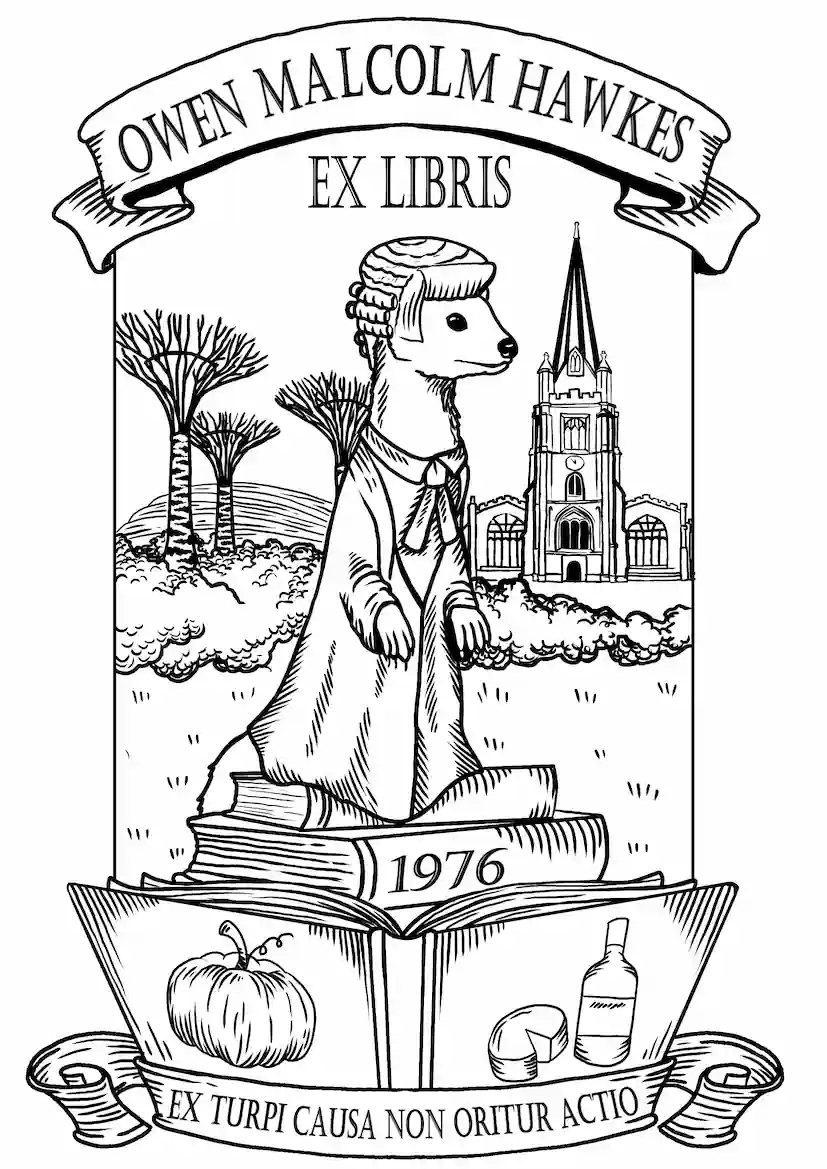 Armorial bookplate illustration of a dog with town scenery