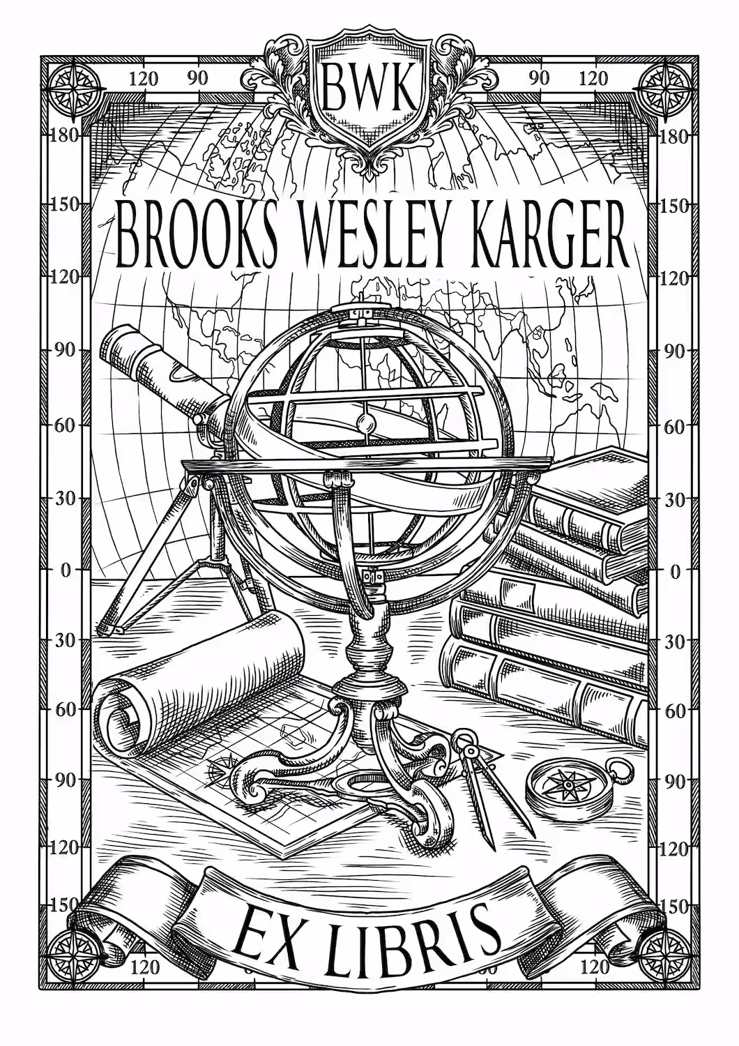 Ex Libris featuring an armillary sphere and books
