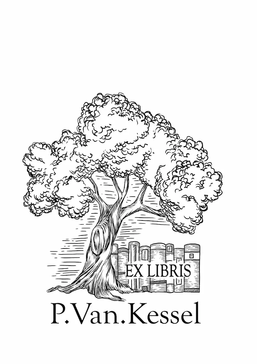 Botanical bookplate illustration with a detailed tree and open books at the base