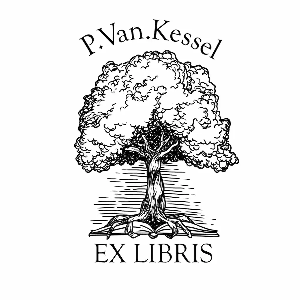 Botanical ex libris illustration of a detailed hand-drawn tree