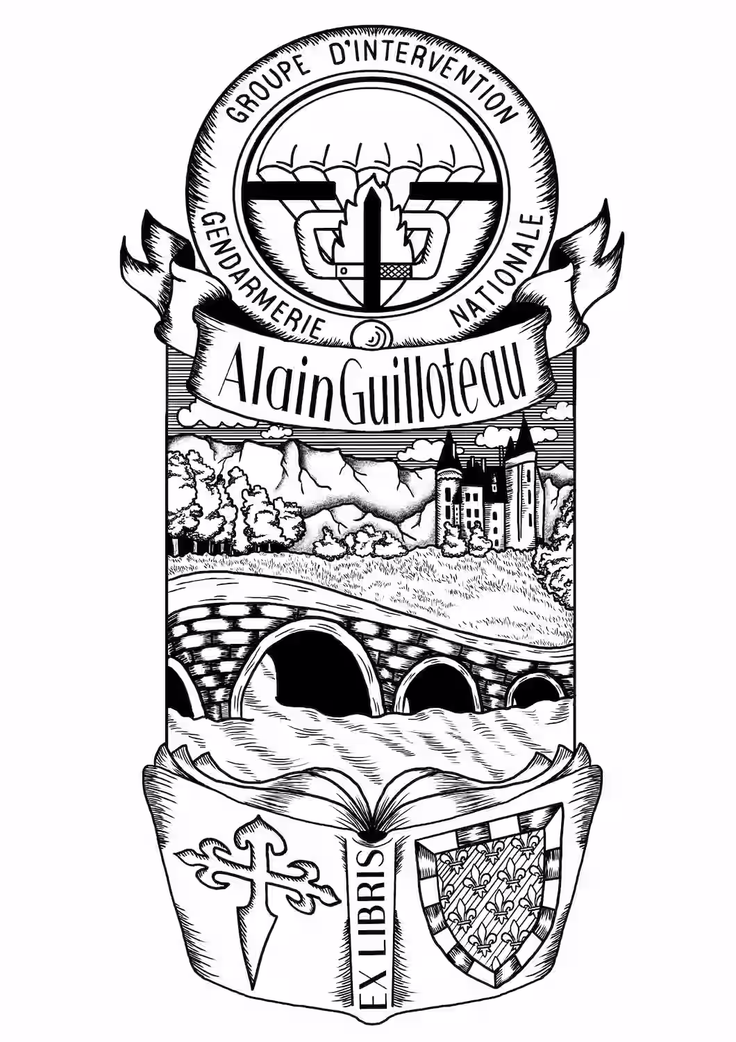 Heraldic Ex Libris with a castle and bridge