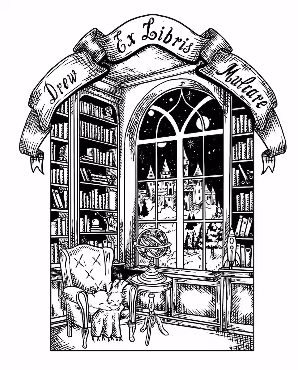 Ex Libris with a castle library interior