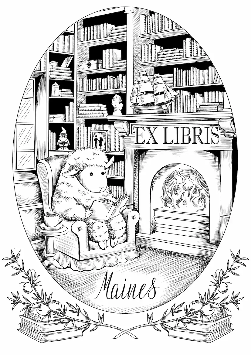 Cozy library bookplate illustration with fireplace, armchair, and a sheep reading a book