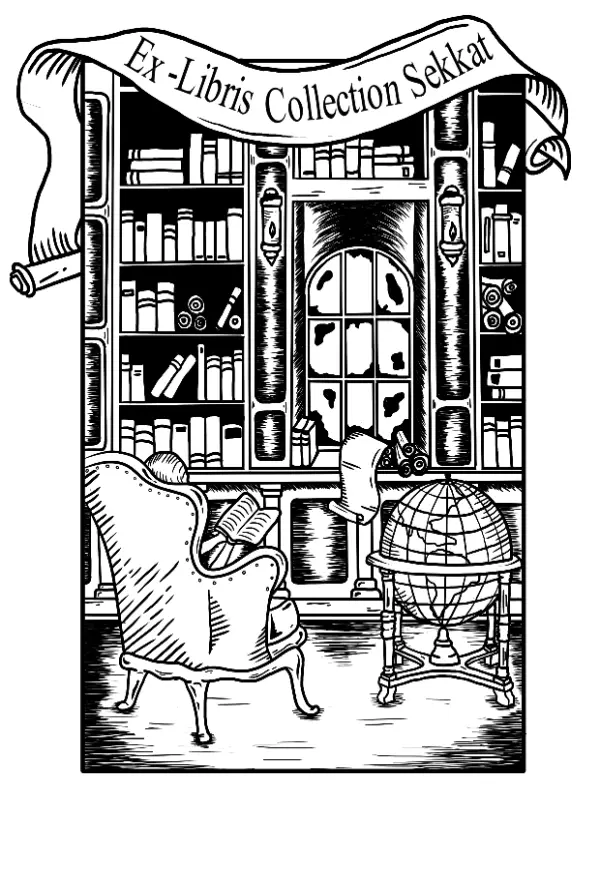 Cozy library scene bookplate illustration with a man reading in an armchair beside a large globe