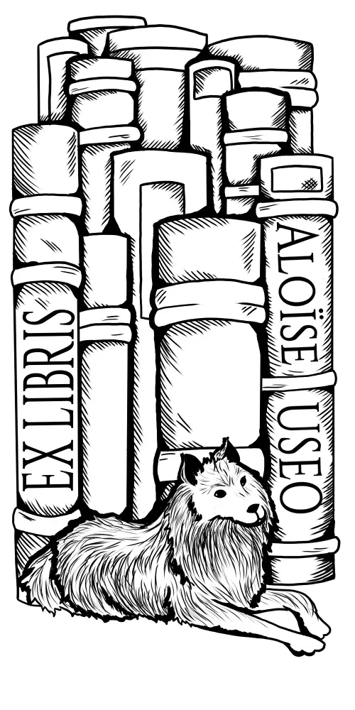 Custom bookplate illustration of a dog resting in front of a large stack of books