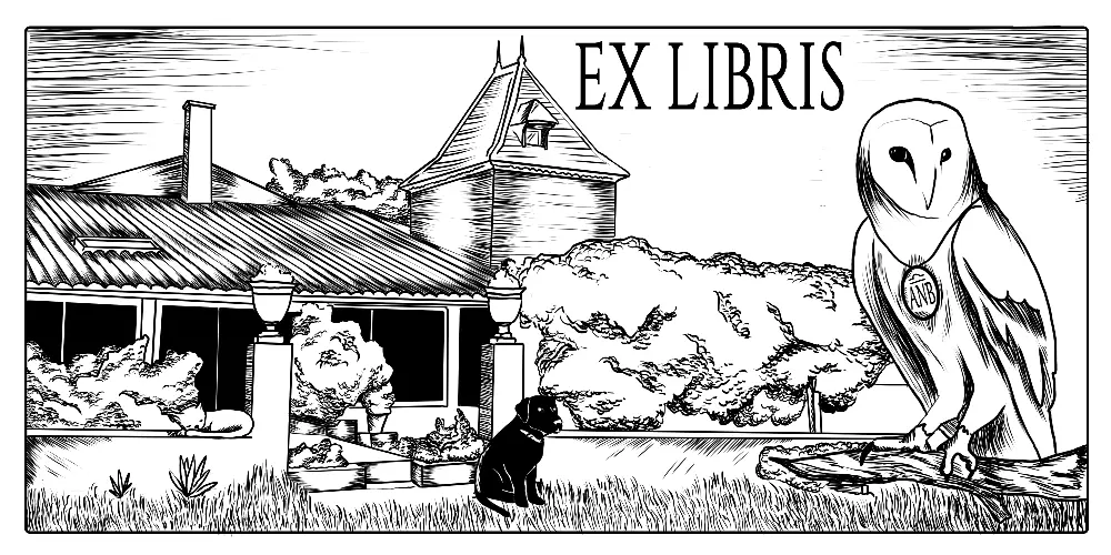 Custom ex libris bookplate illustration of a modern home with a dog and an owl