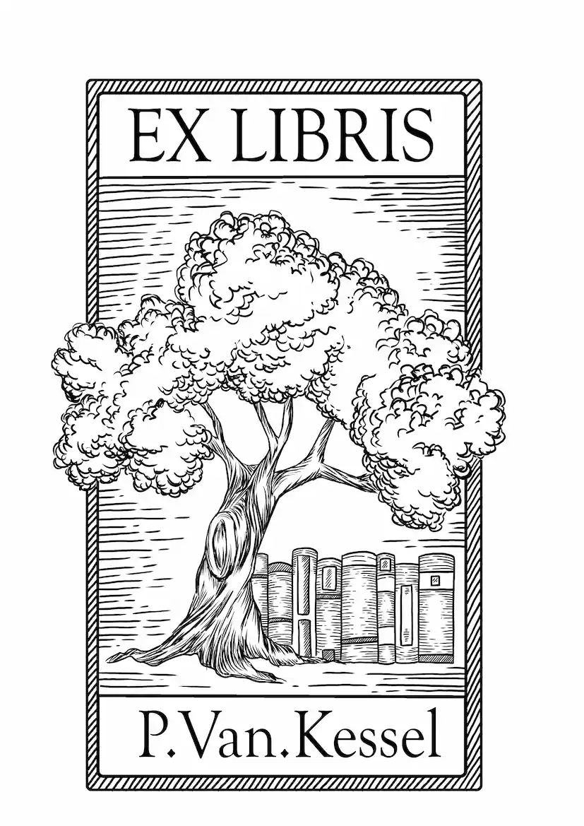 Custom ex libris bookplate design featuring a tree with books, hand-drawn illustration