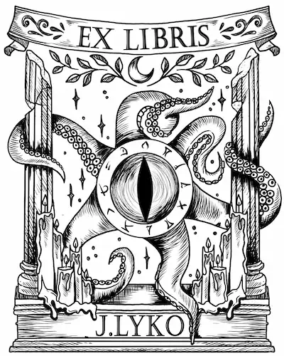 Fantasy bookplate illustration of a kraken with a central eye gripping ancient Greek columns