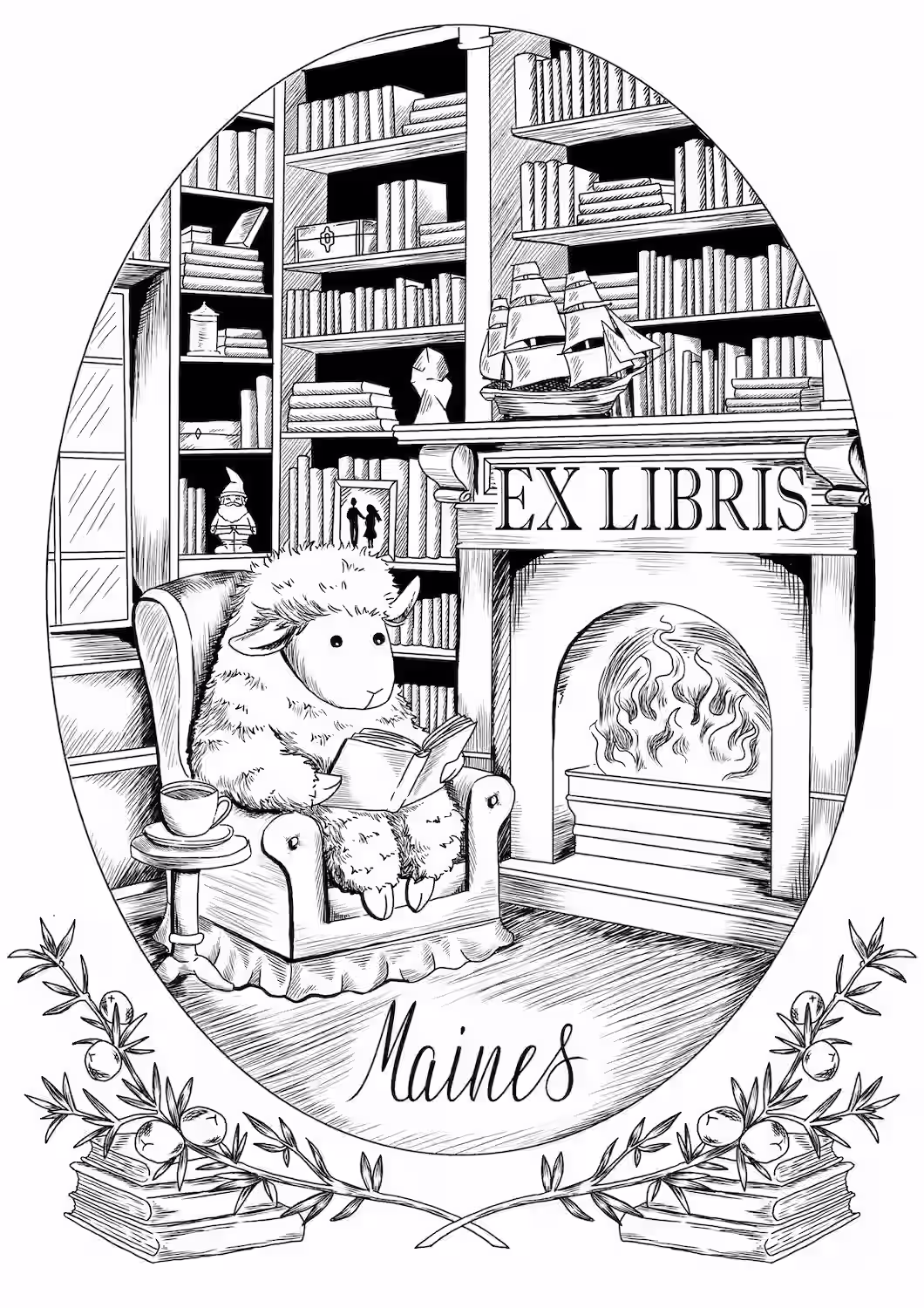 Ex Libris with a fireplace in a library