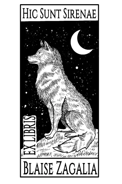 Gothic dark academia bookplate illustration of a wolf under a starry night sky with moon