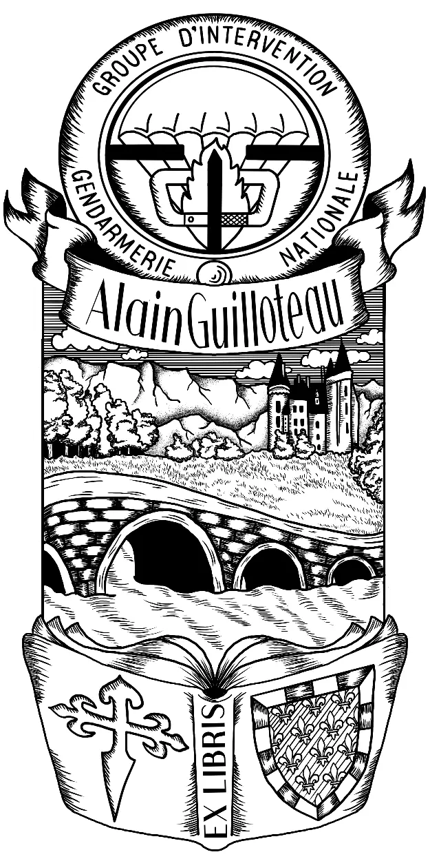 Heraldic coat of arms bookplate illustration with a castle, river, and stone bridge