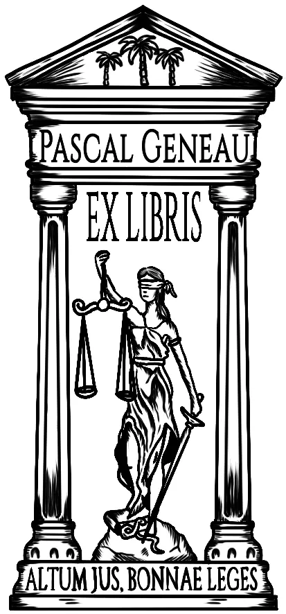 Heraldic ex libris illustration of Lady Justice holding a scale and sword between Greek columns