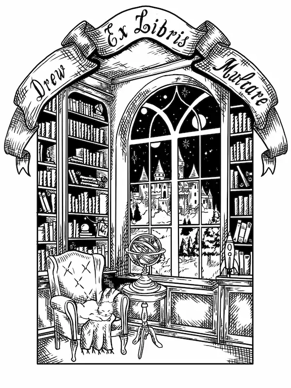 library scene bookplate