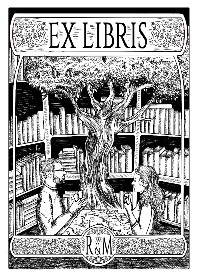 Personalized bookplate illustration of a couple playing D&D beneath a tree surrounded by books
