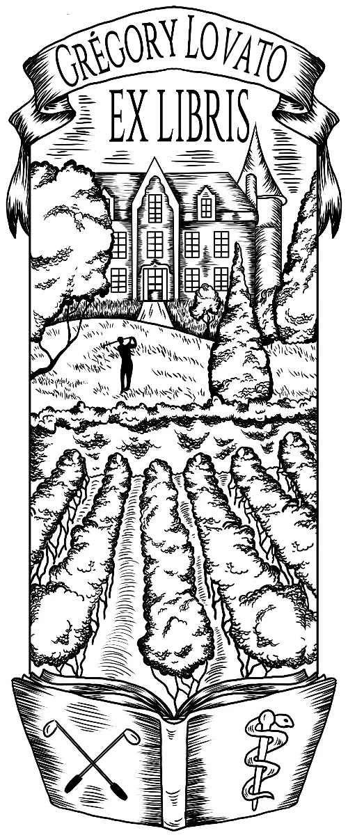 Personalized ex libris bookplate illustration of an estate with vineyard, golf, and medical symbols