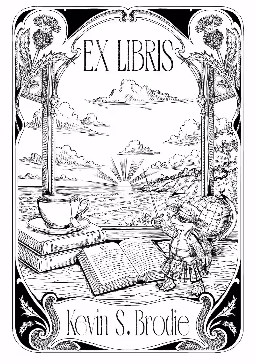 custom illustrated bookplate created for a personal library