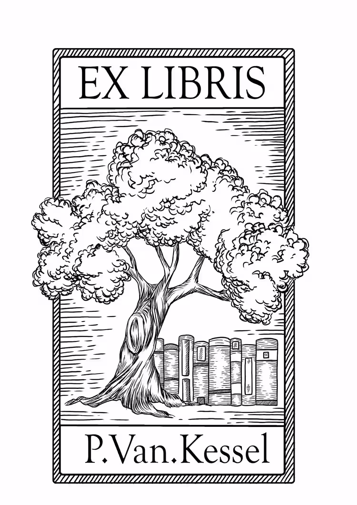 Ex Libris with a tree growing behind books