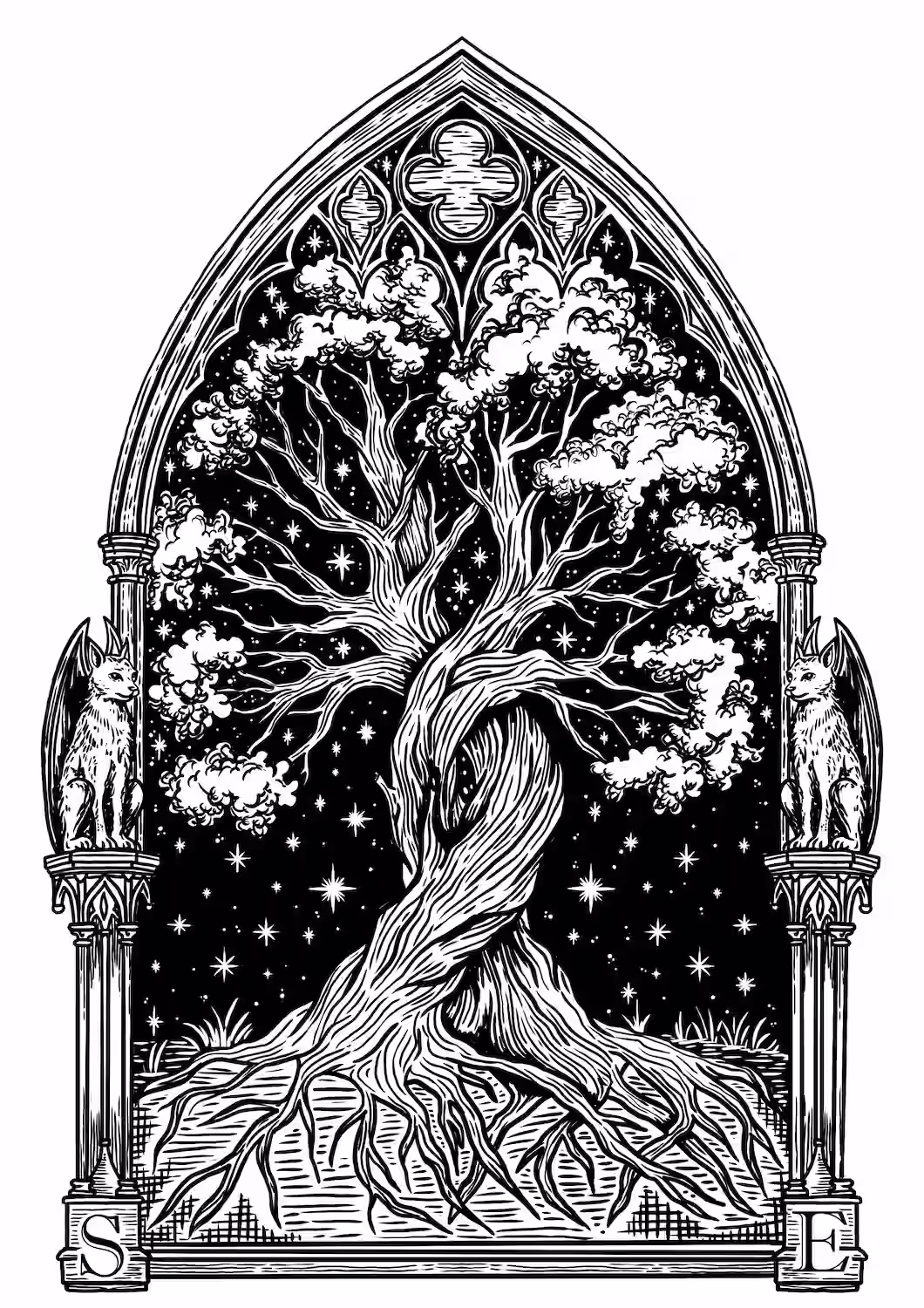 Ex Libris with a large tree in a gothic arch