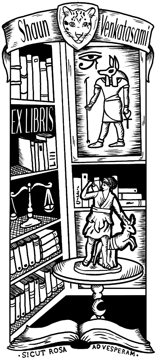 Vintage ex libris bookplate illustration of a library with Egyptian motifs and Latin inscription