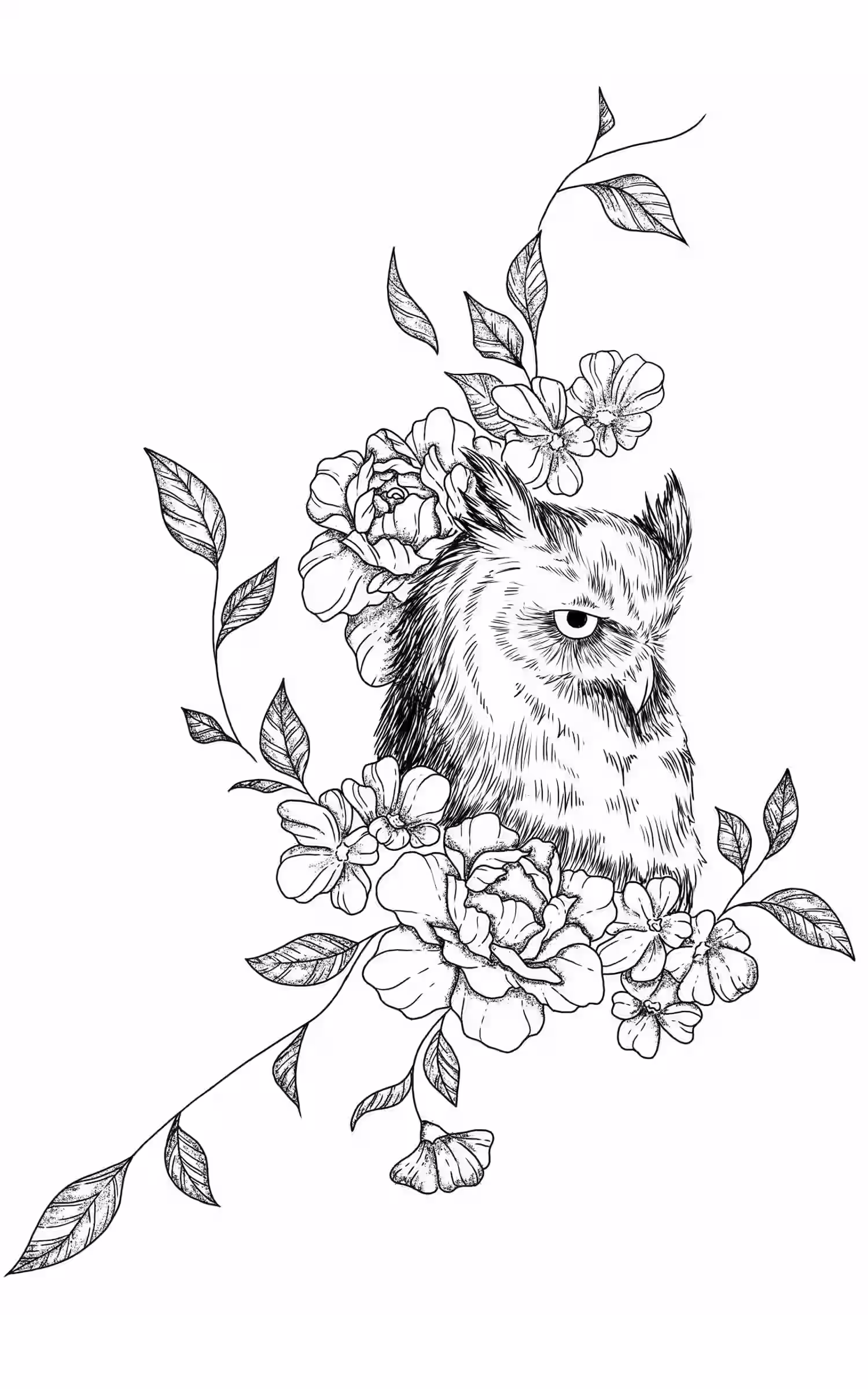 Owl surrounded by blooming flowers